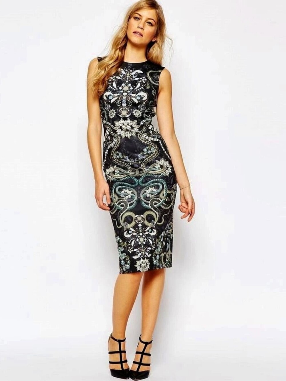 Ted Baker Black Bellia Printed Midi Bodycon Dress Size 8, Whimsygoth